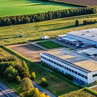 Aerial view of a white, flat-roofed industrial building with parking and green fields surrounding it, bordered by trees and hedges.