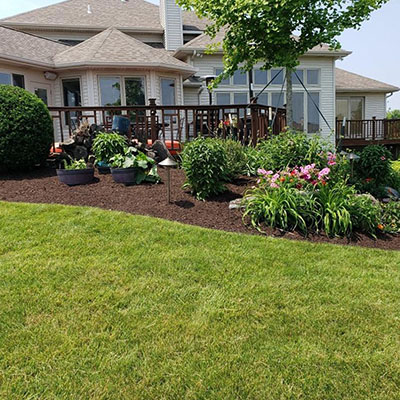 Backyard with a wooden deck attached to a light-colored house, red chairs, and a mulched flower bed of pink and white flowers; green lawn in the foreground.